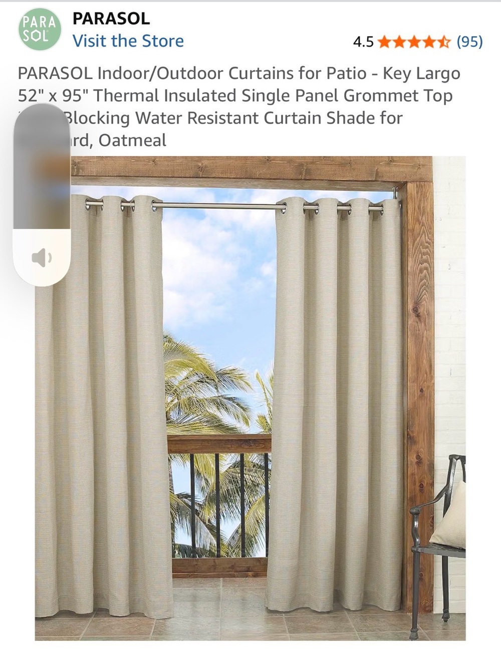 Parasol Oatmeal Thermal Insulated Patio Curtain Panel - Oatmeal 52” x 95” NWT